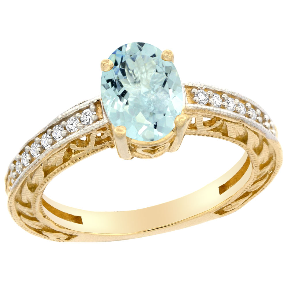 10K Gold Natural Aquamarine Ring Oval 8x6 mm Diamond Accents, sizes 5 - 10