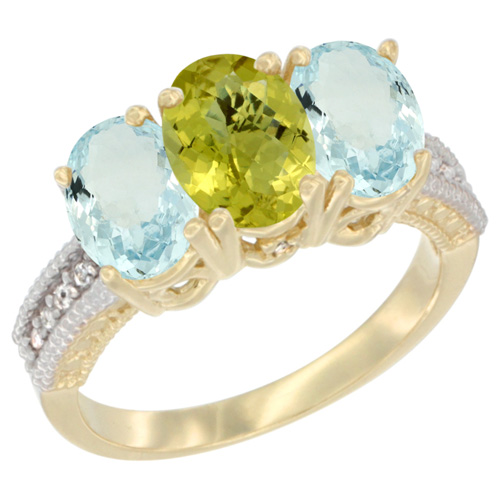 10K Yellow Gold Natural Lemon Quartz & Aquamarine Ring 3-Stone Oval 7x5 mm, sizes 5 - 10