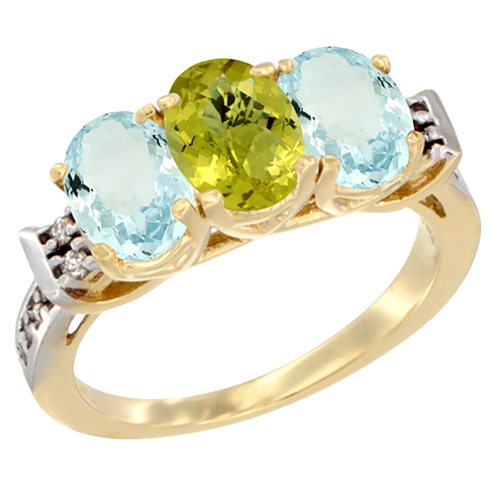 10K Yellow Gold Natural Lemon Quartz & Aquamarine Sides Ring 3-Stone Oval 7x5 mm Diamond Accent, sizes 5 - 10
