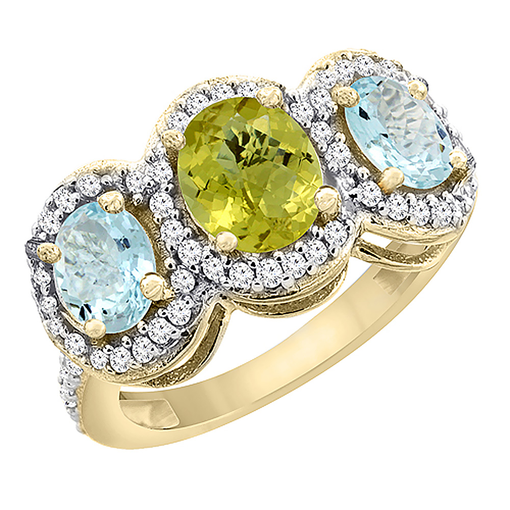 10K Yellow Gold Natural Lemon Quartz & Aquamarine 3-Stone Ring Oval Diamond Accent, sizes 5 - 10