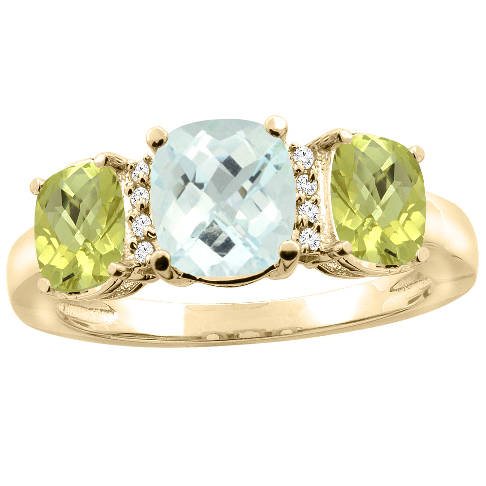 10K Yellow Gold Natural Aquamarine & Lemon Quartz 3-stone Ring Cushion 8x6mm Diamond Accent, sizes 5 - 10