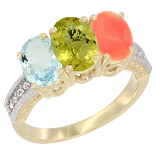 10K Yellow Gold Natural Aquamarine, Lemon Quartz & Coral Ring 3-Stone Oval 7x5 mm, sizes 5 - 10