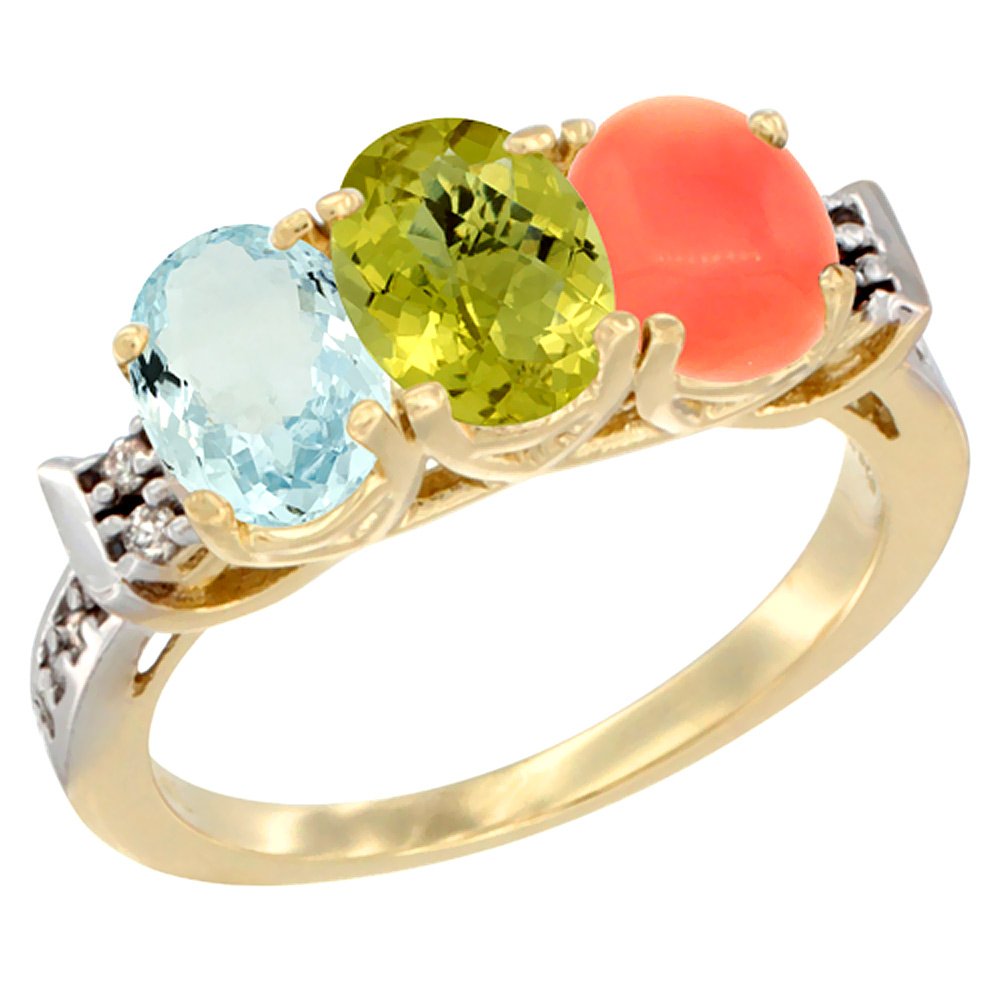 10K Yellow Gold Natural Aquamarine, Lemon Quartz & Coral Ring 3-Stone Oval 7x5 mm Diamond Accent, sizes 5 - 10