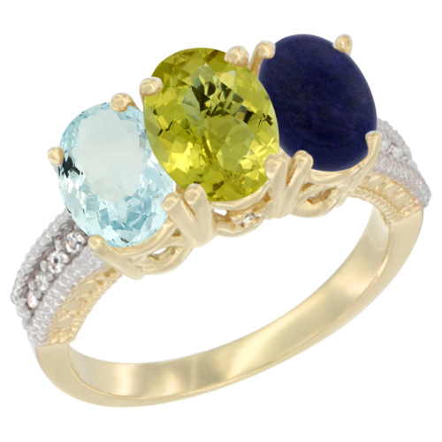 10K Yellow Gold Natural Aquamarine, Lemon Quartz & Lapis Ring 3-Stone Oval 7x5 mm, sizes 5 - 10