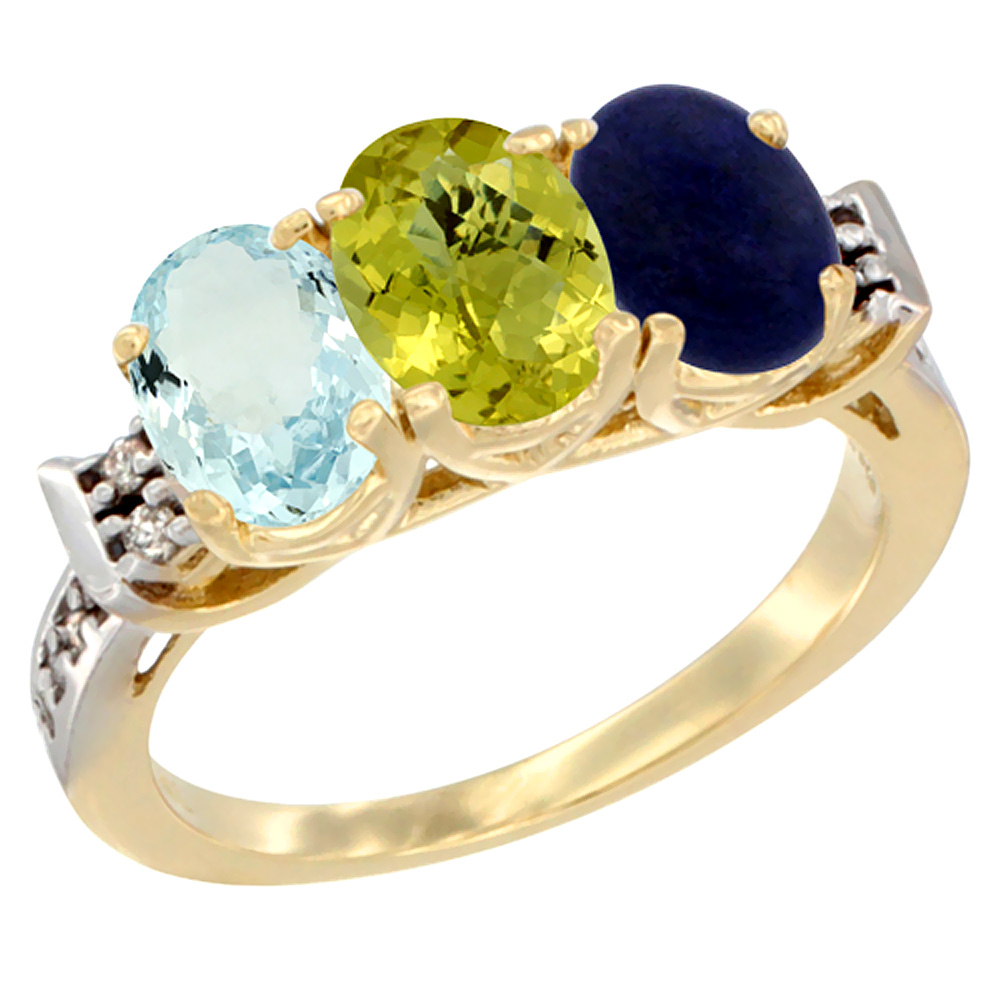 10K Yellow Gold Natural Aquamarine, Lemon Quartz & Lapis Ring 3-Stone Oval 7x5 mm Diamond Accent, sizes 5 - 10