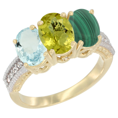 10K Yellow Gold Natural Aquamarine, Lemon Quartz & Malachite Ring 3-Stone Oval 7x5 mm, sizes 5 - 10