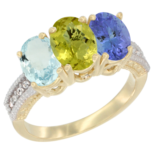 10K Yellow Gold Natural Aquamarine, Lemon Quartz & Tanzanite Ring 3-Stone Oval 7x5 mm, sizes 5 - 10