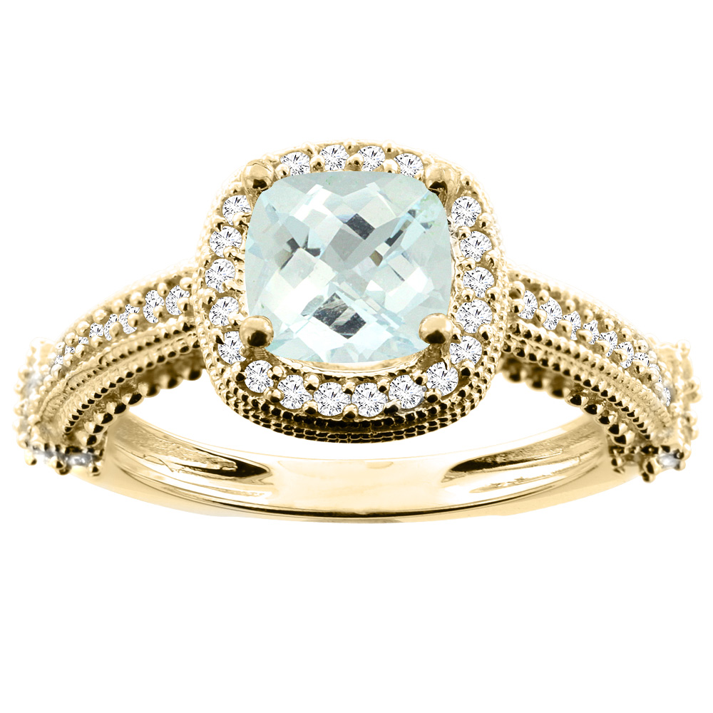 10K White/Yellow/Rose Gold Natural Aquamarine Ring Cushion 7x7mm Diamond Accent, size 5