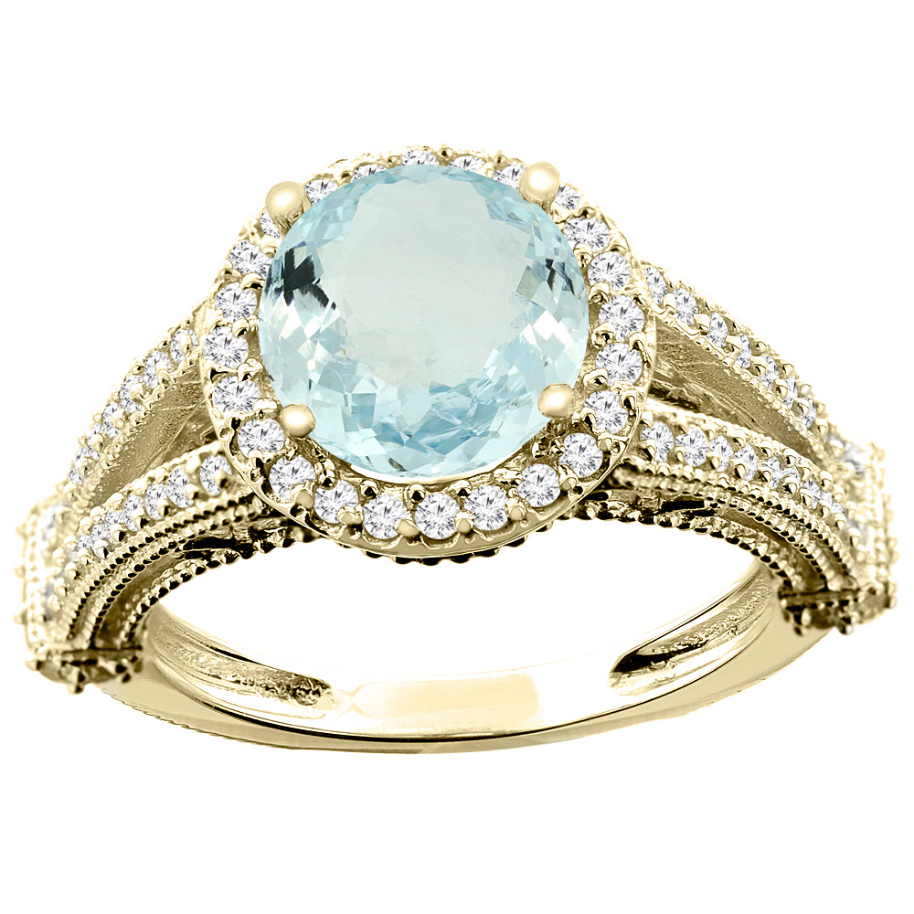 10K White/Yellow/Rose Gold Natural Aquamarine Ring Round 8mm Diamond Accent, sizes 5 - 10