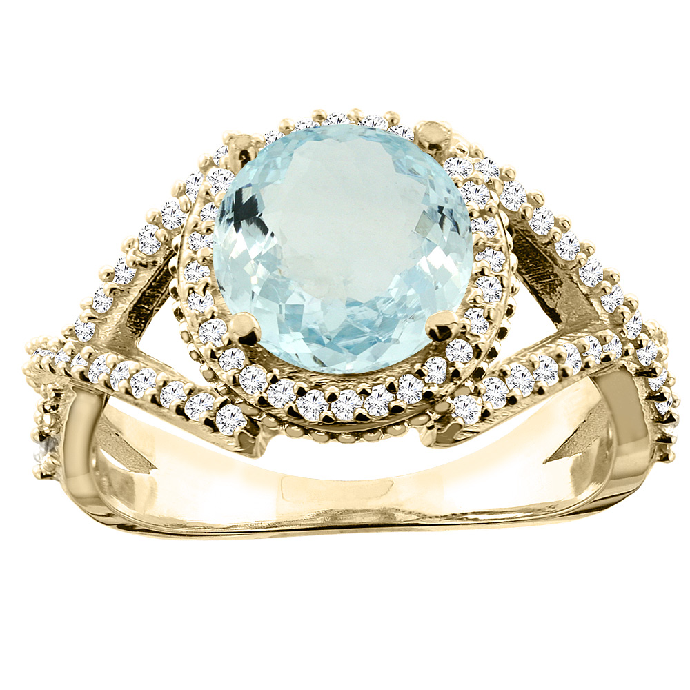 10K White/Yellow/Rose Gold Natural Aquamarine Ring Round 8mm Diamond Accent, sizes 5 - 10