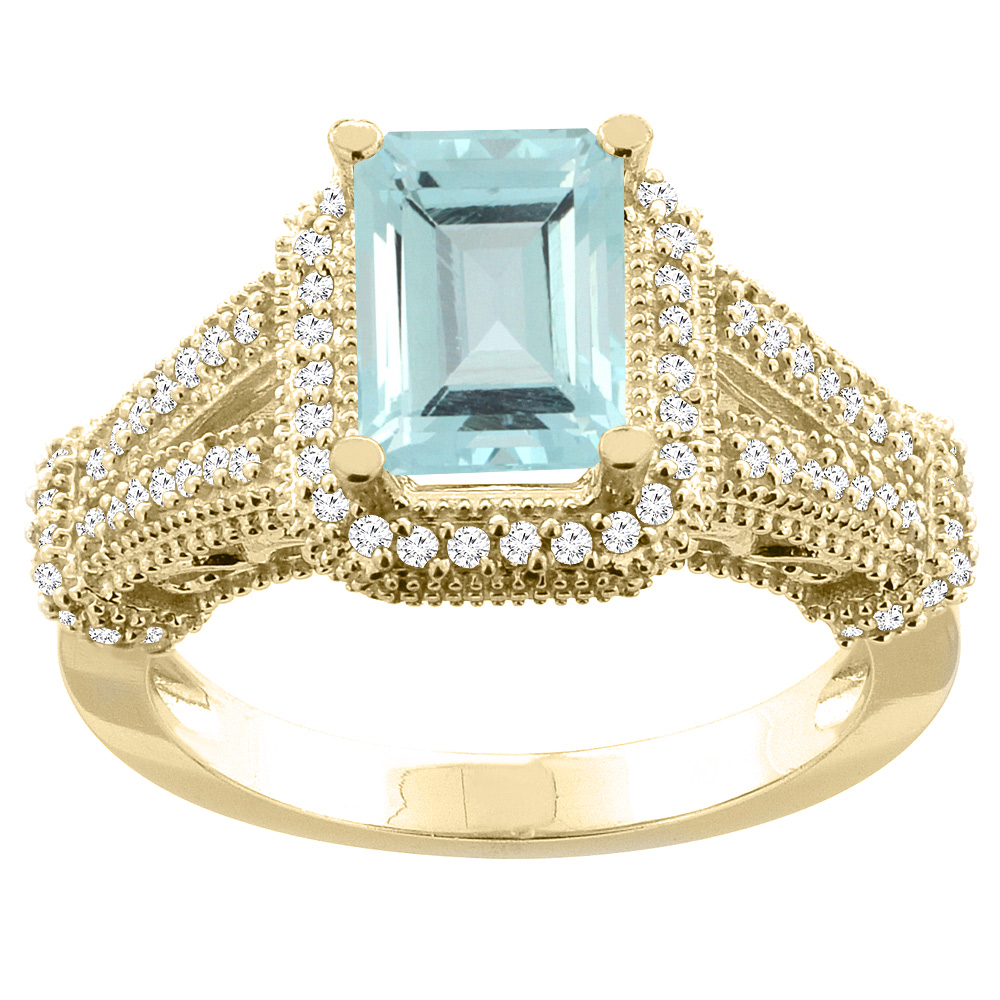 10K White/Yellow/Rose Gold Natural Aquamarine Ring Octagon 8x6mm Diamond Accent, sizes 5-10