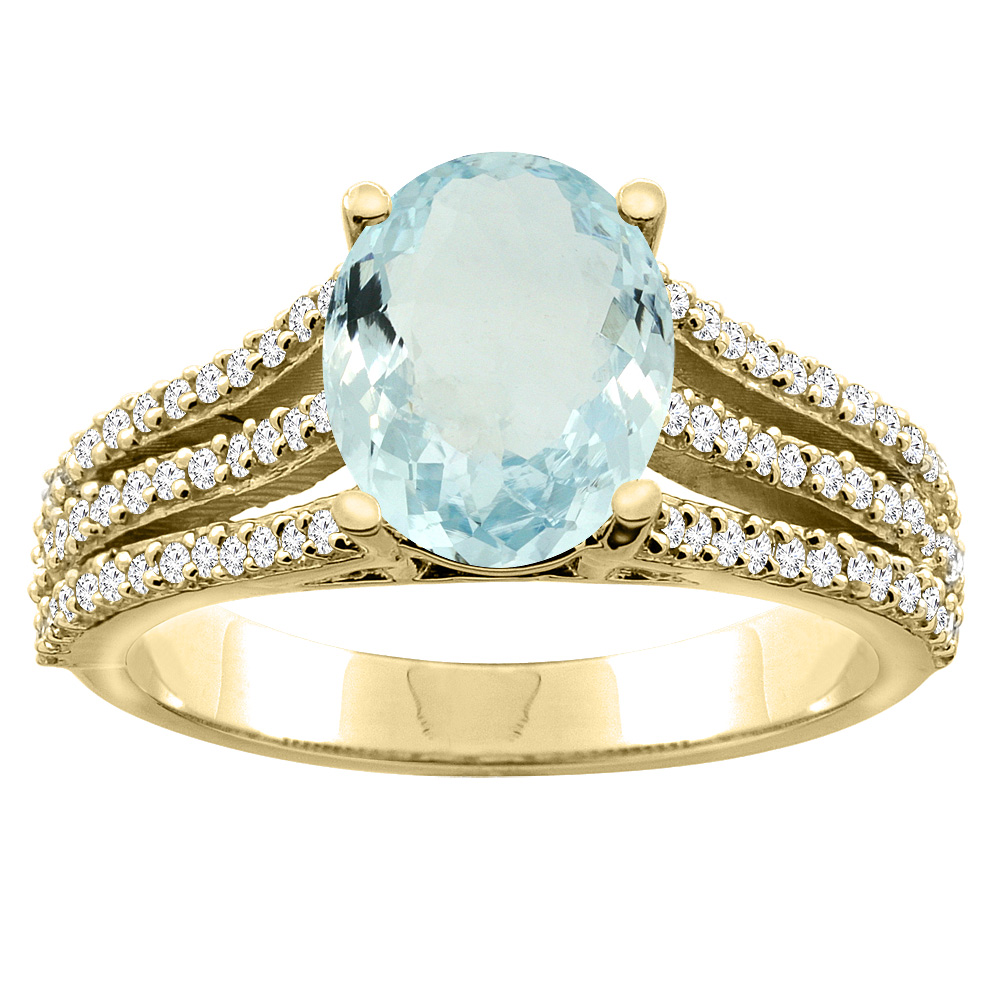 10K Yellow Gold Natural Aquamarine Tri-split Ring Cushion-cut 8x6mm Diamond Accents 5/16 inch wide, sizes 5 - 10