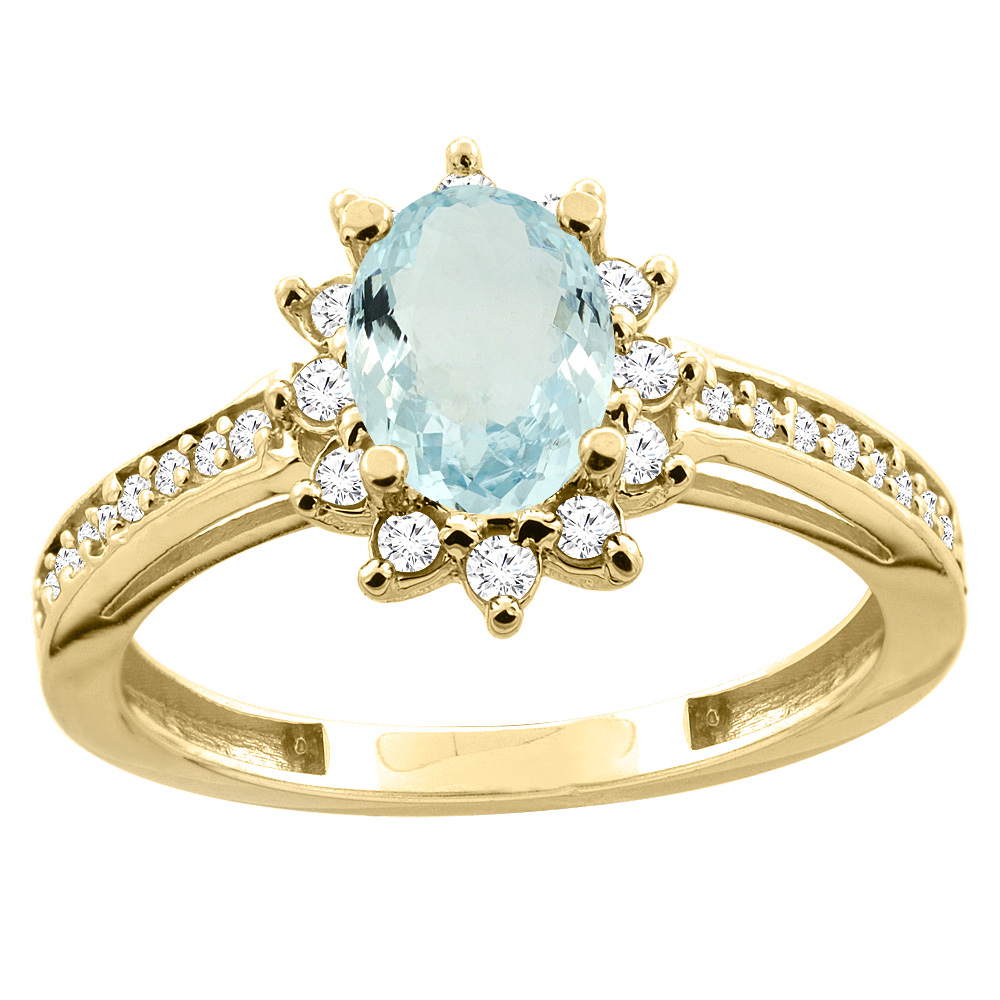 10K White/Yellow Gold Diamond Natural Aquamarine Floral Halo Engagement Ring Oval 7x5mm, sizes 5 - 10