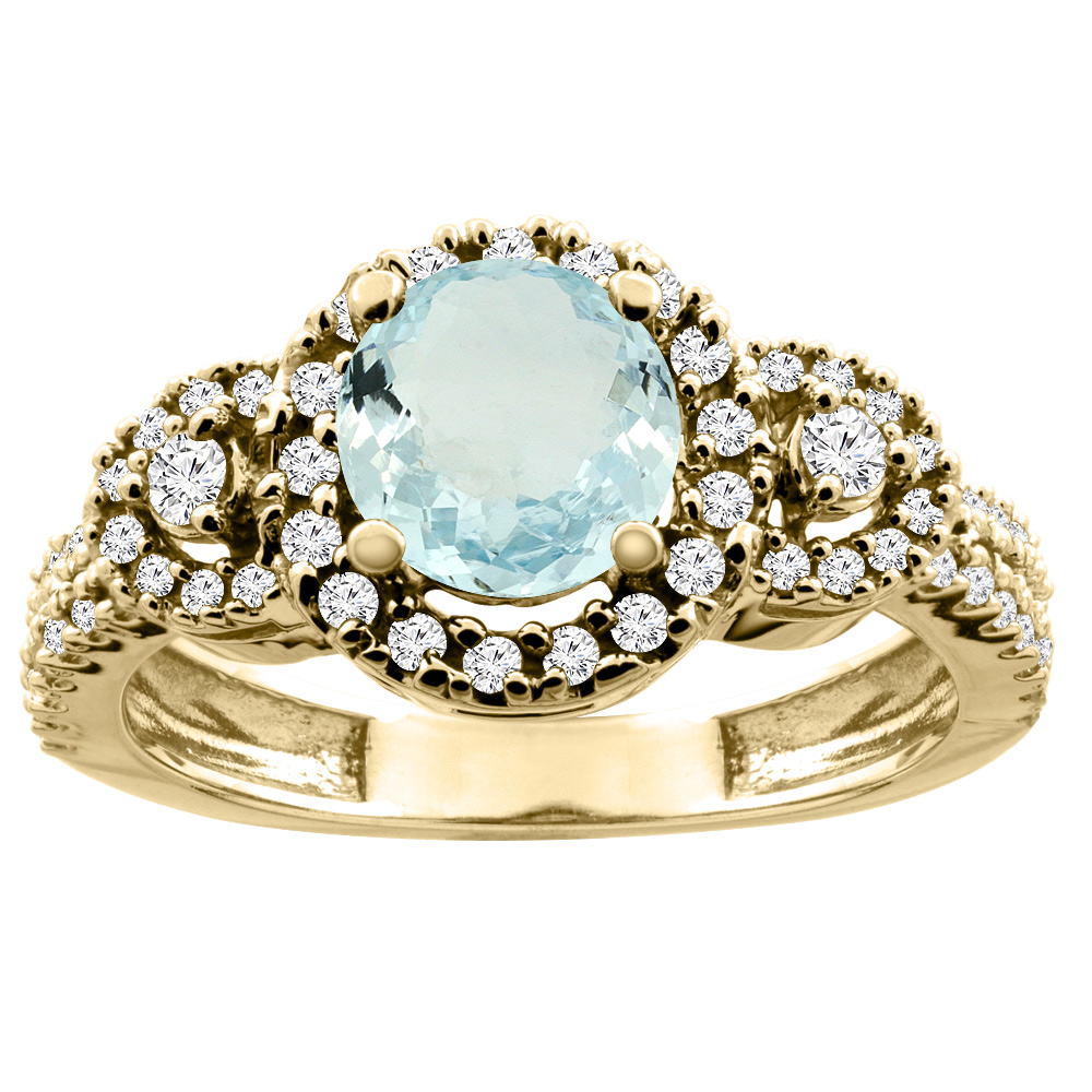 10K White/Yellow Gold Diamond Halo Natural Aquamarine Ring Round 6mm, sizes 5 - 10