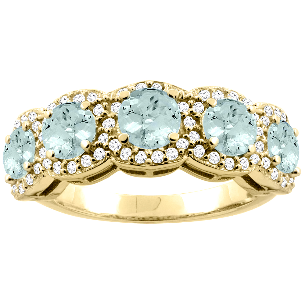 10K Gold Natural Aquamarine 5-Stone Ring Round 4mm, sizes 5 - 10