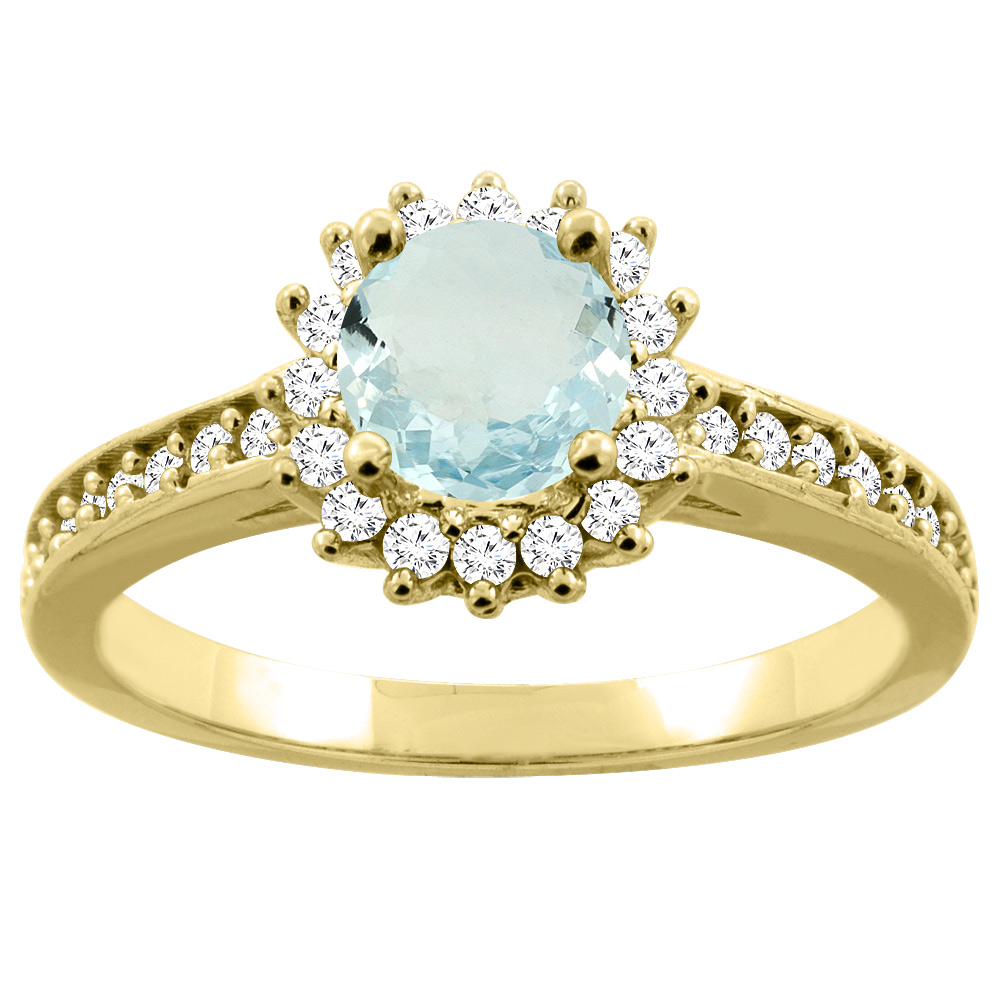 10K Gold Natural Aquamarine Floral Halo Diamond Engagement Ring Round 6mm, sizes 5 - 10