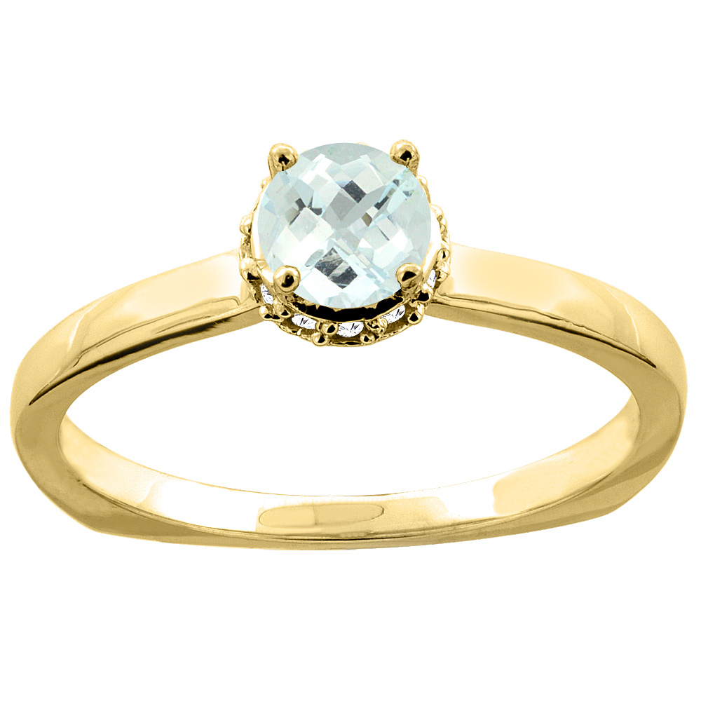 10K Yellow Gold Natural Aquamarine Solitaire Engagement Ring Round 4mm Diamond Accents, size 9.5