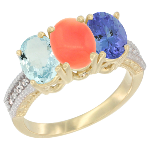 14K Yellow Gold Natural Aquamarine, Coral & Tanzanite Ring 3-Stone Oval 7x5 mm Diamond Accent, sizes 5 - 10