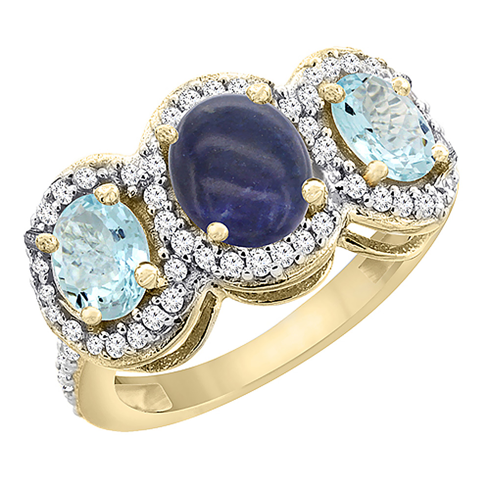 14K Yellow Gold Natural Lapis & Aquamarine 3-Stone Ring Oval Diamond Accent, sizes 5 - 10