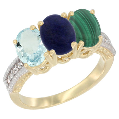 14K Yellow Gold Natural Aquamarine, Lapis & Malachite Ring 3-Stone Oval 7x5 mm Diamond Accent, sizes 5 - 10
