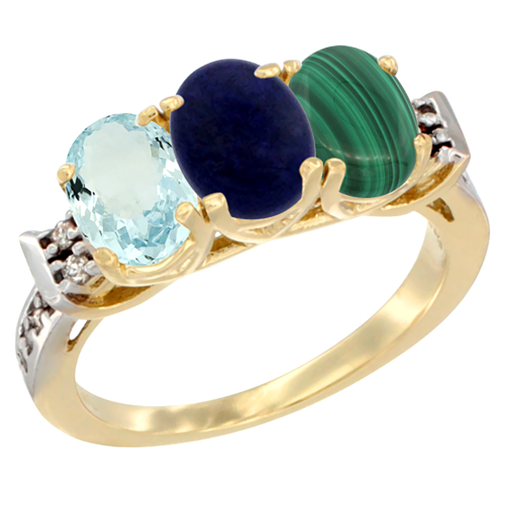 14K Yellow Gold Natural Aquamarine, Lapis & Malachite Ring 3-Stone Oval 7x5 mm Diamond Accent, sizes 5 - 10
