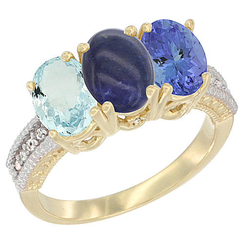 14K Yellow Gold Natural Aquamarine, Lapis & Tanzanite Ring 3-Stone Oval 7x5 mm Diamond Accent, sizes 5 - 10