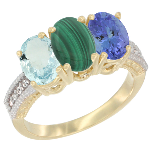 14K Yellow Gold Natural Aquamarine, Malachite & Tanzanite Ring 3-Stone Oval 7x5 mm Diamond Accent, sizes 5 - 10