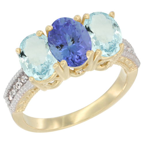 10K Yellow Gold Natural Tanzanite & Aquamarine Ring 3-Stone Oval 7x5 mm, sizes 5 - 10