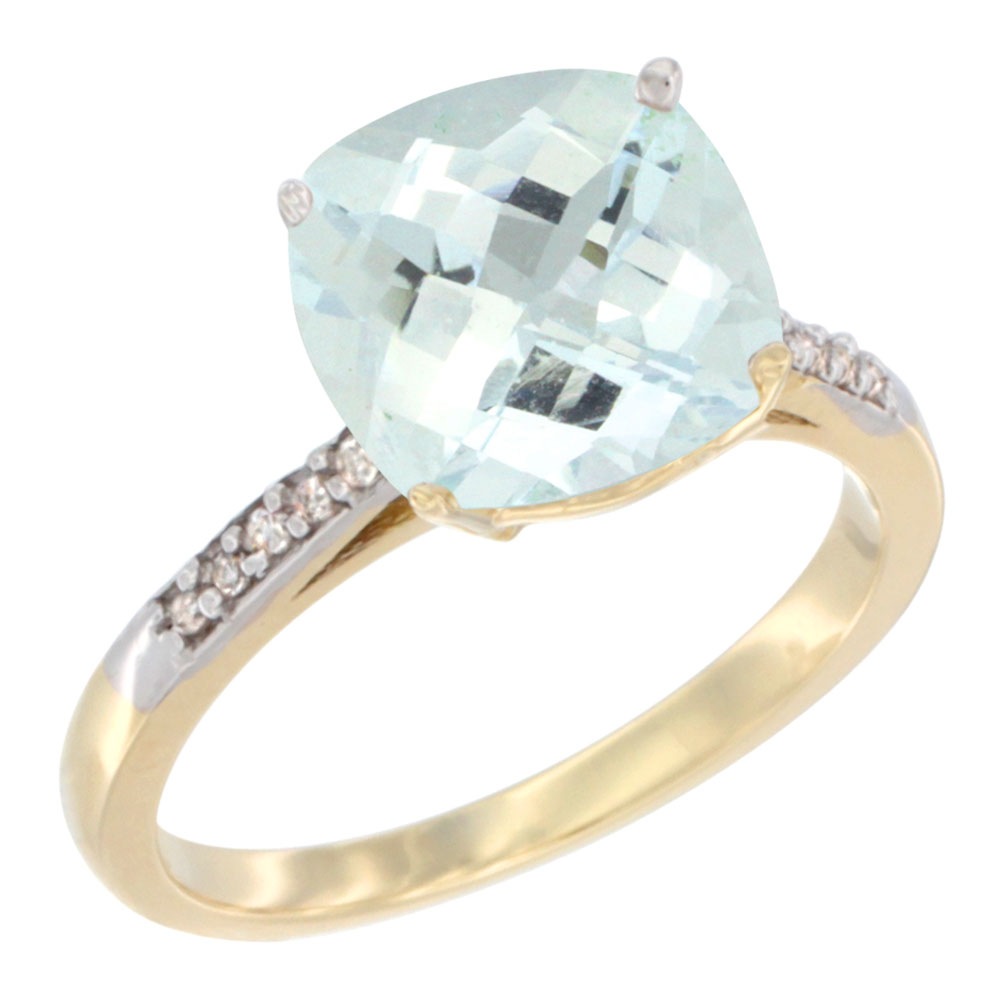 10K Yellow Gold Natural Aquamarine Ring Cushion-cut 9 mm Diamond accent, sizes 5 - 10