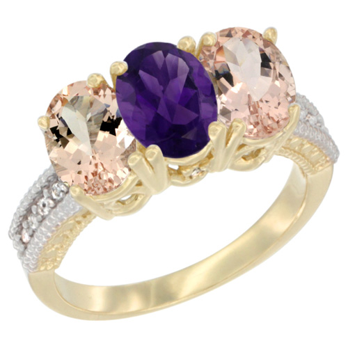10K Yellow Gold Natural Amethyst & Morganite Ring 3-Stone Oval 7x5 mm, sizes 5 - 10