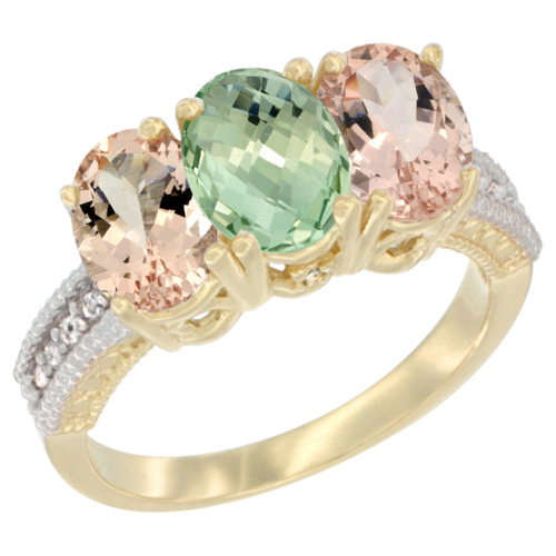 10K Yellow Gold Natural Green Amethyst & Morganite Ring 3-Stone Oval 7x5 mm, sizes 5 - 10