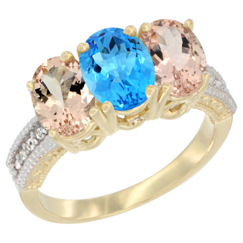 14K Yellow Gold Natural Swiss Blue Topaz & Morganite Sides Ring 3-Stone Oval 7x5 mm Diamond Accent, sizes 5 - 10