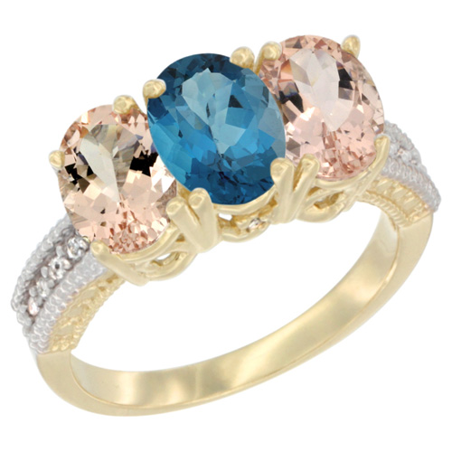 10K Yellow Gold Natural London Blue Topaz & Morganite Ring 3-Stone Oval 7x5 mm, sizes 5 - 10