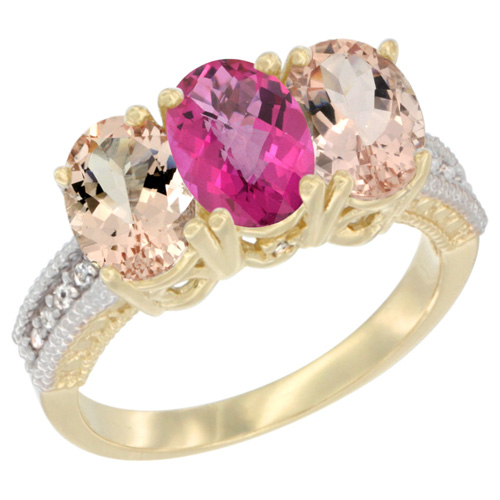10K Yellow Gold Natural Pink Topaz & Morganite Ring 3-Stone Oval 7x5 mm, sizes 5 - 10