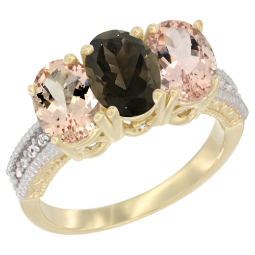 14K Yellow Gold Natural Smoky Topaz & Morganite Sides Ring 3-Stone Oval 7x5 mm Diamond Accent, sizes 5 - 10