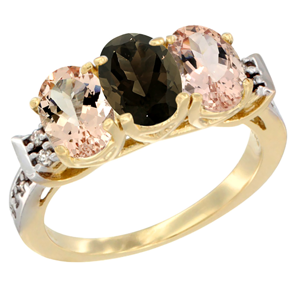 14K Yellow Gold Natural Smoky Topaz & Morganite Sides Ring 3-Stone Oval 7x5 mm Diamond Accent, sizes 5 - 10