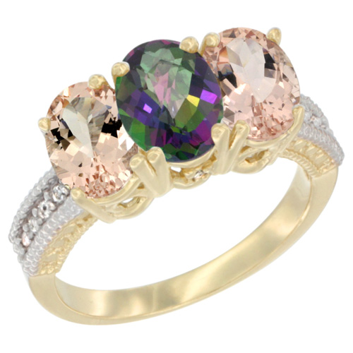 14K Yellow Gold Natural Mystic Topaz & Morganite Sides Ring 3-Stone Oval 7x5 mm Diamond Accent, sizes 5 - 10