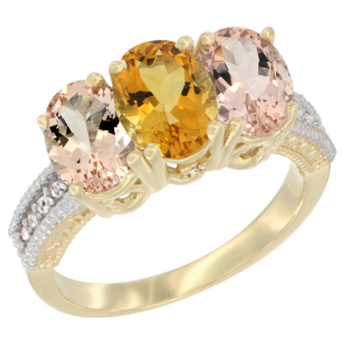 10K Yellow Gold Natural Citrine & Morganite Ring 3-Stone Oval 7x5 mm, sizes 5 - 10