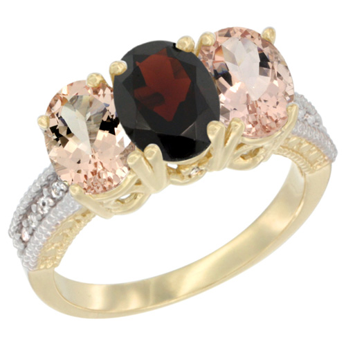 14K Yellow Gold Natural Garnet & Morganite Sides Ring 3-Stone Oval 7x5 mm Diamond Accent, sizes 5 - 10