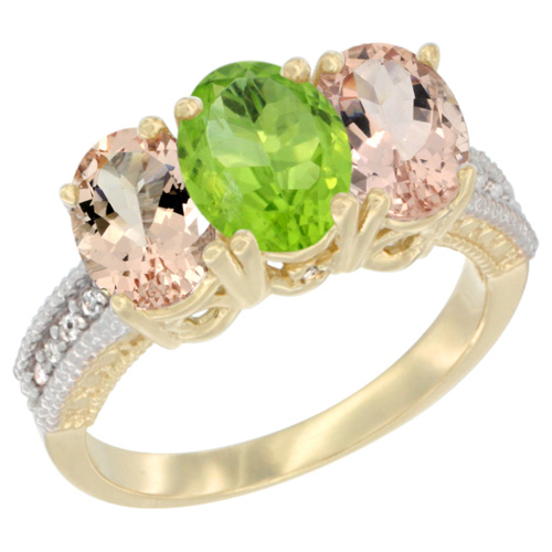 10K Yellow Gold Natural Peridot & Morganite Ring 3-Stone Oval 7x5 mm, sizes 5 - 10