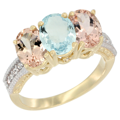 10K Yellow Gold Natural Aquamarine & Morganite Ring 3-Stone Oval 7x5 mm, sizes 5 - 10