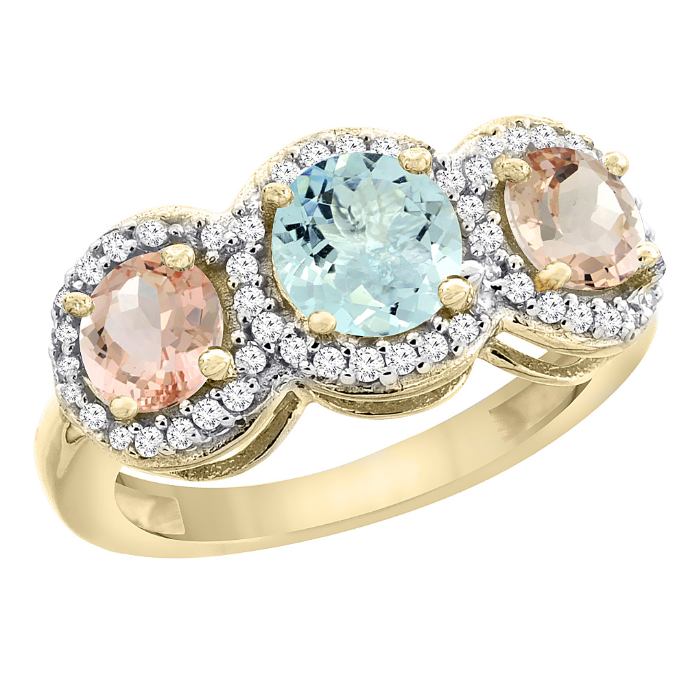 10K Yellow Gold Natural Morganite Round 3-stone Ring Diamond Accents, sizes 5 - 10