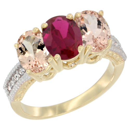 14K Yellow Gold Enhanced Enhanced Ruby & Natural Morganite Sides Ring 3-Stone Oval 7x5 mm Diamond Accent, sizes 5 - 10