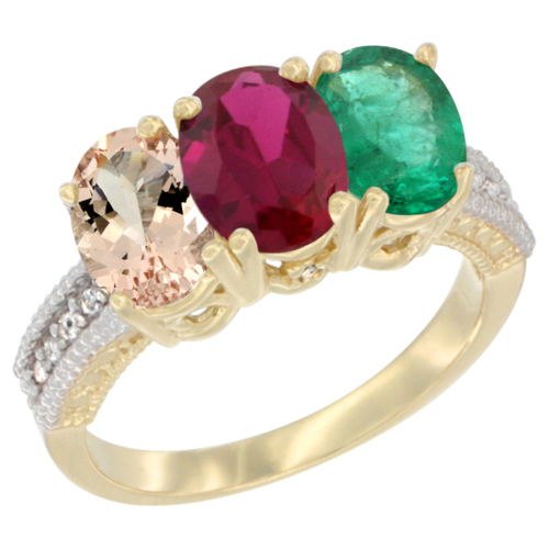 14K Yellow Gold Natural Morganite, Enhanced Ruby & Natural Emerald Ring 3-Stone Oval 7x5 mm Diamond Accent, sizes 5 - 10