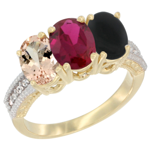 14K Yellow Gold Natural Morganite, Enhanced Ruby & Natural Black Onyx Ring 3-Stone Oval 7x5 mm Diamond Accent, sizes 5 - 10