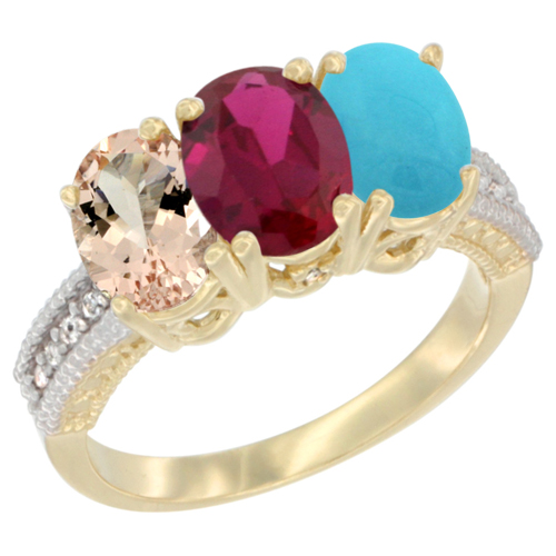 14K Yellow Gold Natural Morganite, Enhanced Ruby & Natural Turquoise Ring 3-Stone Oval 7x5 mm Diamond Accent, sizes 5 - 10
