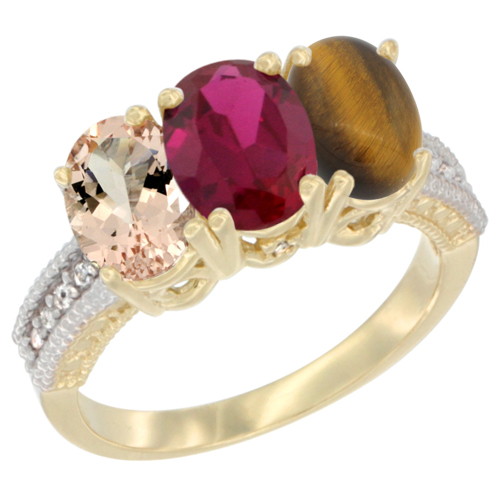 14K Yellow Gold Natural Morganite, Enhanced Ruby & Natural Tiger Eye Ring 3-Stone Oval 7x5 mm Diamond Accent, sizes 5 - 10