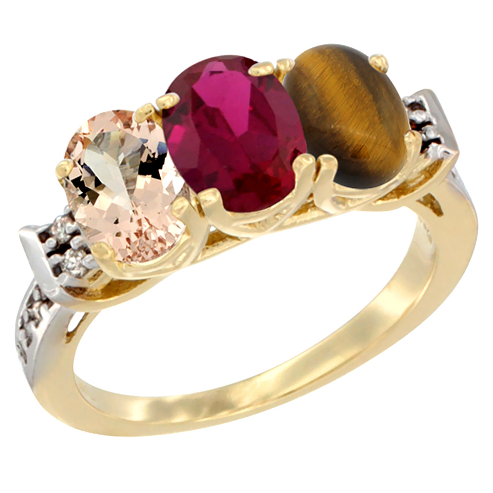 14K Yellow Gold Natural Morganite, Enhanced Ruby & Natural Tiger Eye Ring 3-Stone Oval 7x5 mm Diamond Accent, sizes 5 - 10