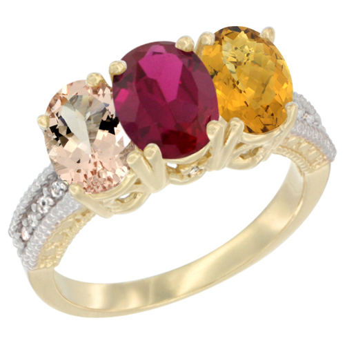 14K Yellow Gold Natural Morganite, Enhanced Ruby & Natural Whisky Quartz Ring 3-Stone Oval 7x5 mm Diamond Accent, sizes 5 - 10