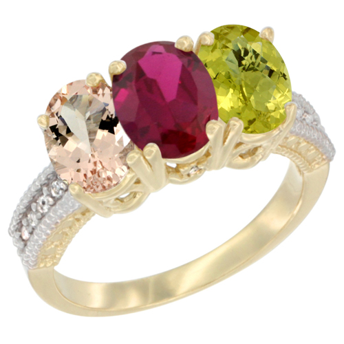 14K Yellow Gold Natural Morganite, Enhanced Ruby & Natural Lemon Quartz Ring 3-Stone Oval 7x5 mm Diamond Accent, sizes 5 - 10